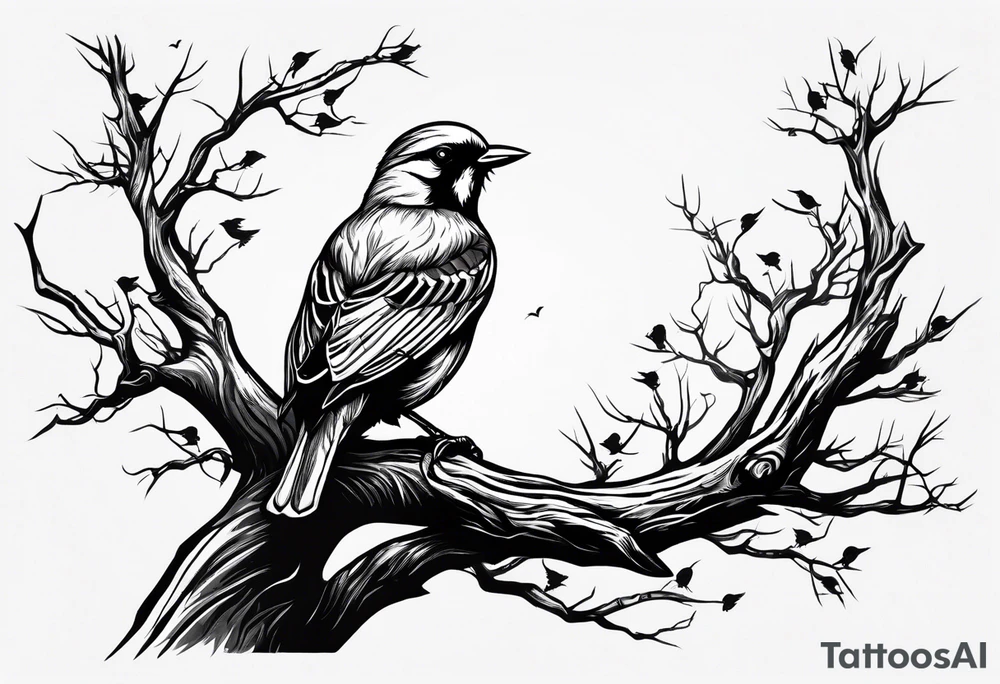branch of a dead tree with dead birds tattoo idea