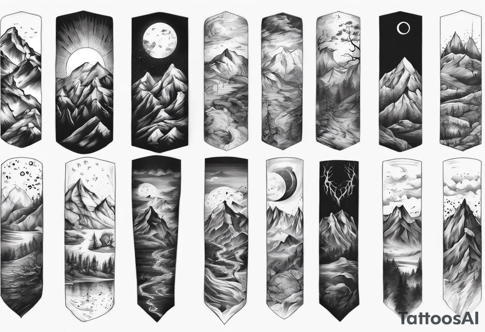 men’s arm sleeve mountains branches tattoo idea