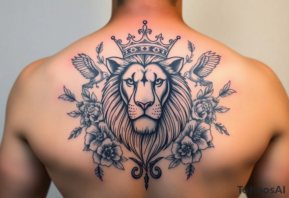 powerful majestic lion with a crown, surrounded by floral ornaments and birds tattoo idea