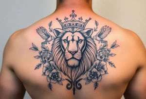 powerful majestic lion with a crown, surrounded by floral ornaments and birds tattoo idea