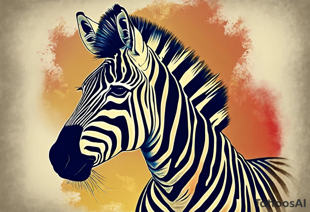 Portrait of a zebra wearing regal clothing, vintage looking, but its main is coloured brightly the same as autism awareness. I want the zebra too almost look human and to be bursting out of a jigsaw piece tattoo idea