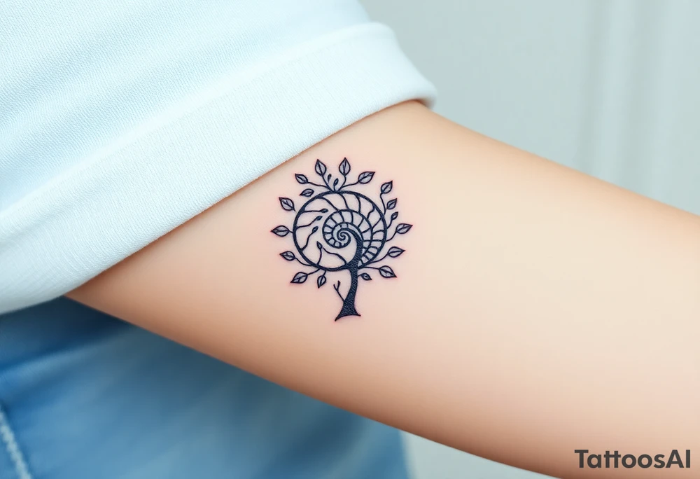 Fibonacci spiral shell inside of tree with little leaves tattoo idea