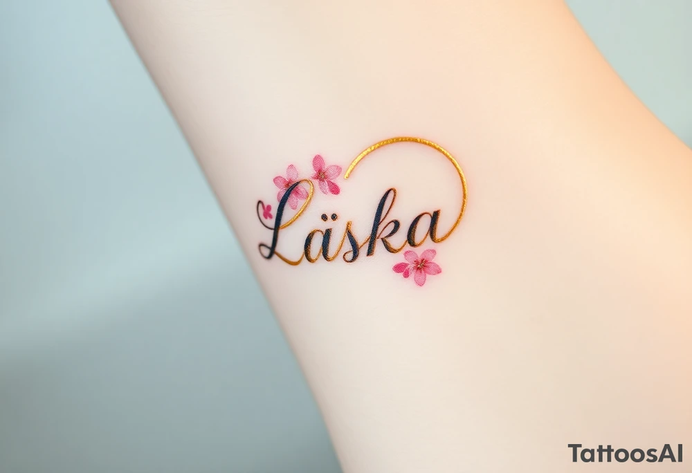 A golden infinity loop with tiny cherry blossoms surrounding the word "Láska", representing beauty, romance, and fleeting yet eternal love tattoo idea