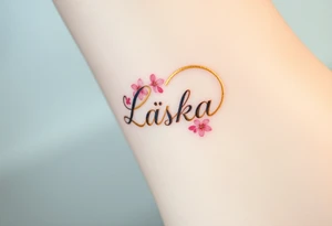 A golden infinity loop with tiny cherry blossoms surrounding the word "Láska", representing beauty, romance, and fleeting yet eternal love tattoo idea