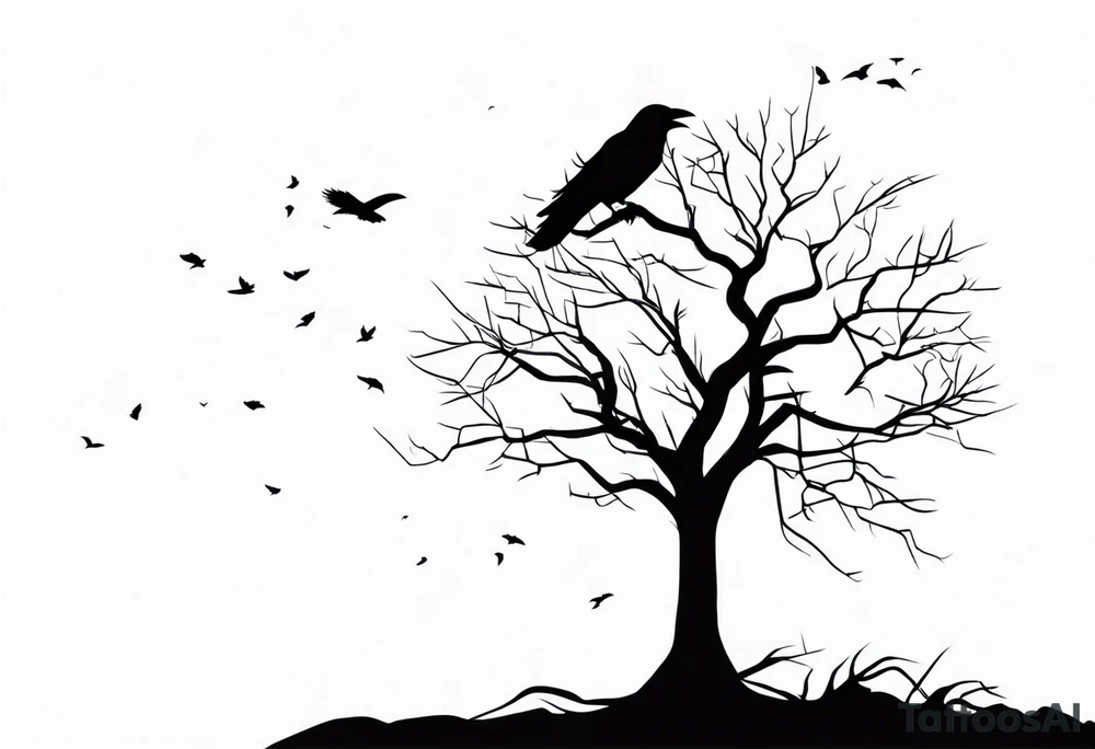 Dead tree with roots and sitting raven silhouette small tattoo idea