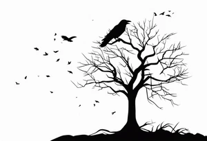Dead tree with roots and sitting raven silhouette small tattoo idea