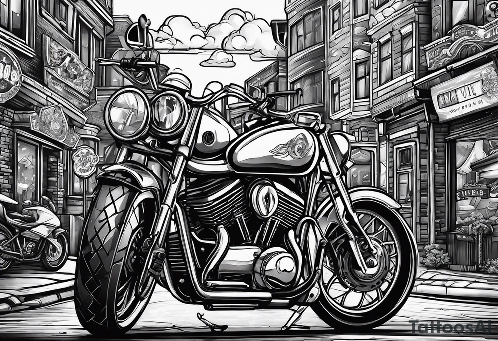 playing cards over a city with a motorcycle on the road tattoo idea