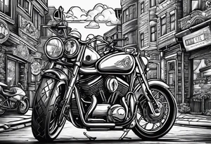 playing cards over a city with a motorcycle on the road tattoo idea