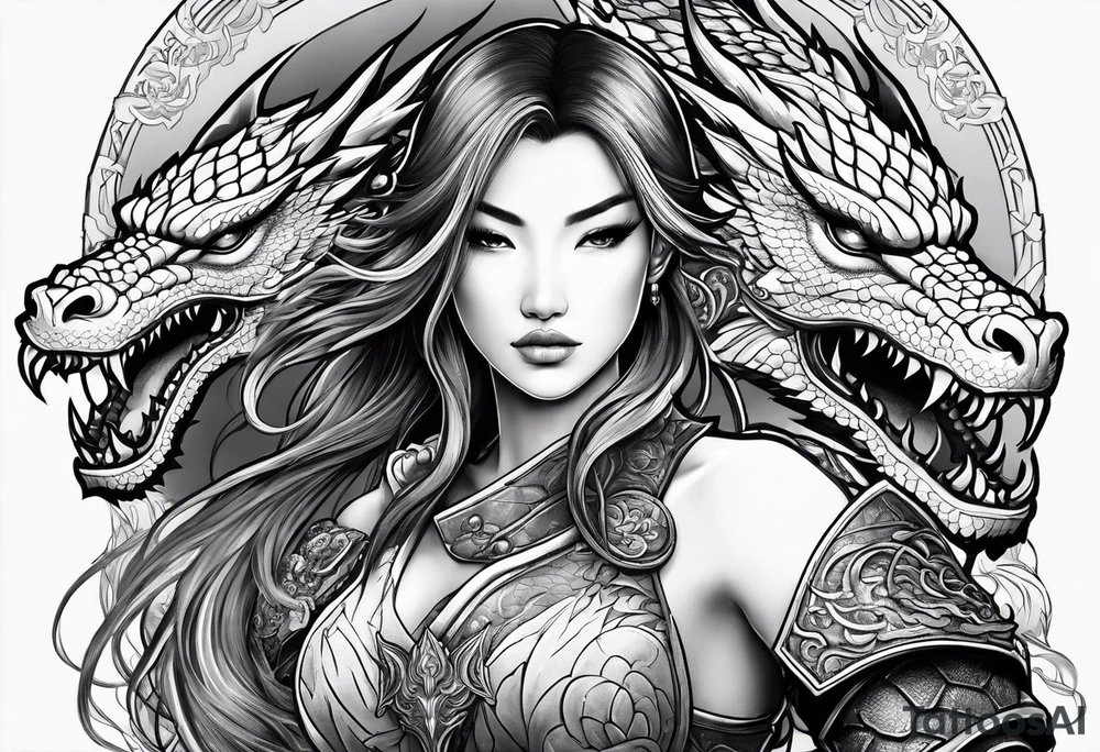 beautiful warrior woman wearing dragon armor and a dragon flying tattoo idea