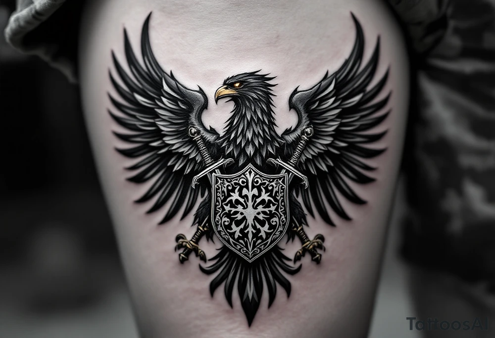 Silesian Eagle with a Shield and Swords – A fierce black eagle clutching a silver shield with traditional Silesian patterns, crossed by two ornate medieval swords. The eagle’s eyes glow in deep amber, symbolizing vigilance and protection. tattoo idea