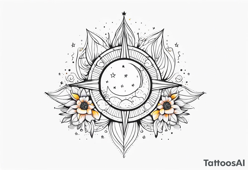 fine line with sun, stars, floral, dots. Sternum tattoo tattoo idea