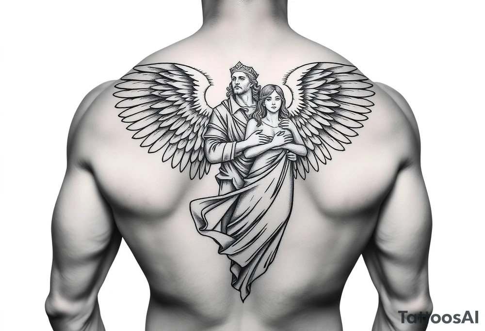 Muscular male guardian angel carrying female officer in the United States coast guard religious statue tattoo idea