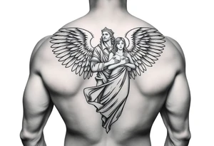 Muscular male guardian angel carrying female officer in the United States coast guard religious statue tattoo idea