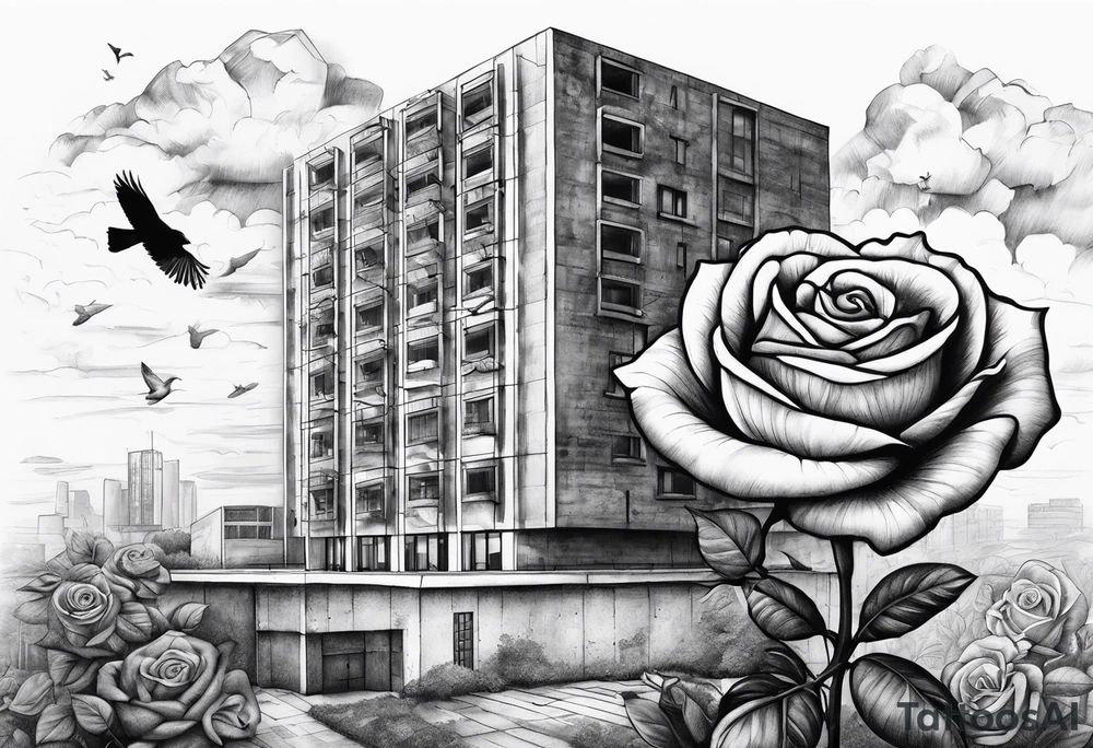 Rose growing from concrete with a 6 floor building in the background with 1570 address. Have clouds in the background with birds flying tattoo idea