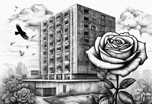 Rose growing from concrete with a 6 floor building in the background with 1570 address. Have clouds in the background with birds flying tattoo idea