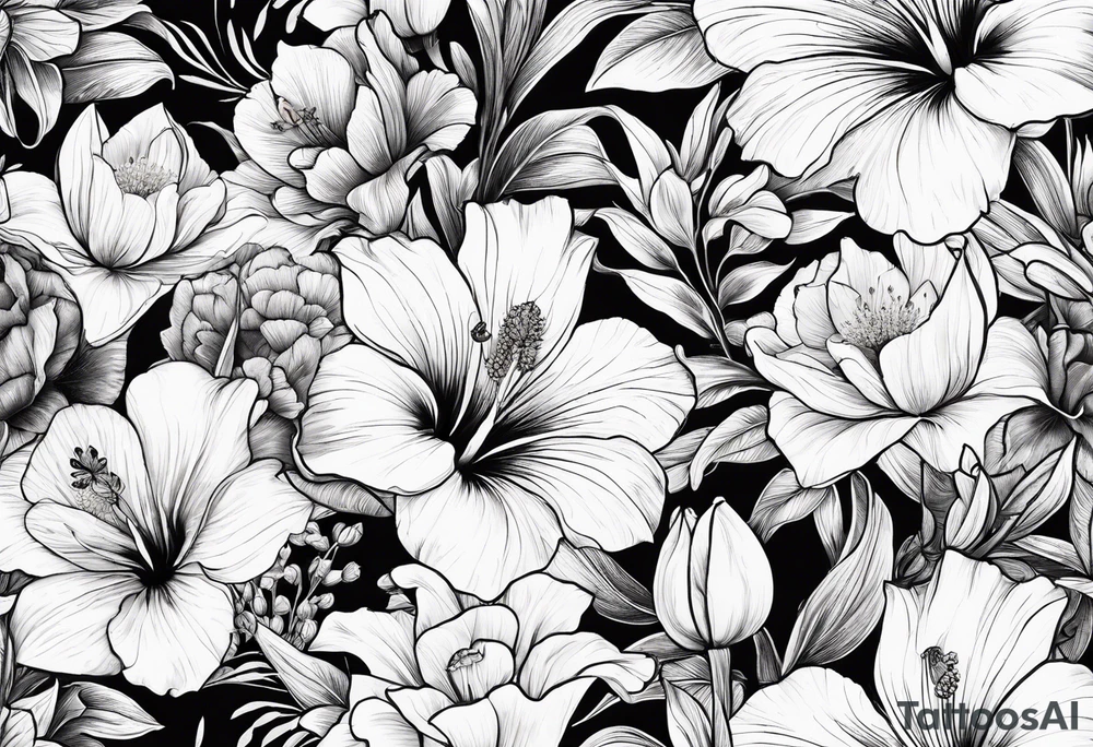Verticle arm placement of dainty hibiscus, TULIPS, LILLIES, DRAGONflower, with wildflowers, poppy, complimentary flowers, bees, peony, forearm tattoo idea