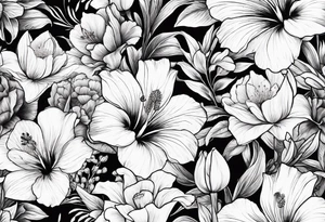 Verticle arm placement of dainty hibiscus, TULIPS, LILLIES, DRAGONflower, with wildflowers, poppy, complimentary flowers, bees, peony, forearm tattoo idea