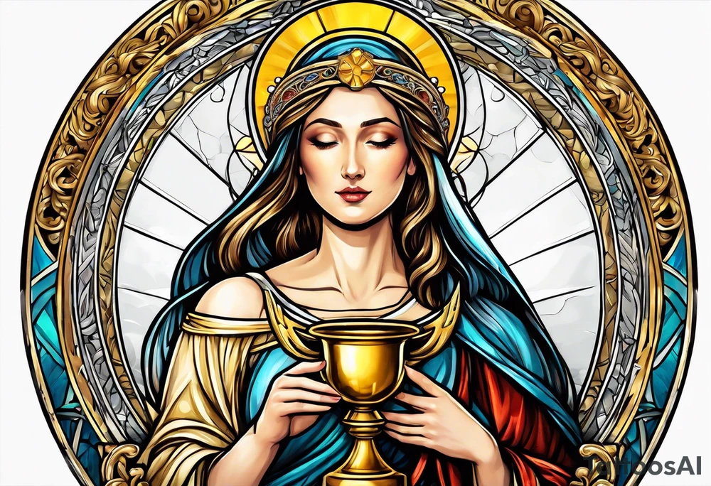 holy saint woman with golden halo holding a chalice tattoo idea
