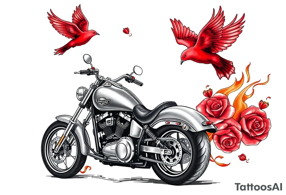 Harley grey motorcycle driving away, two red birds flying, roses, flames, angel wings tattoo idea