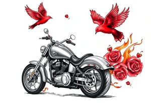 Harley grey motorcycle driving away, two red birds flying, roses, flames, angel wings tattoo idea