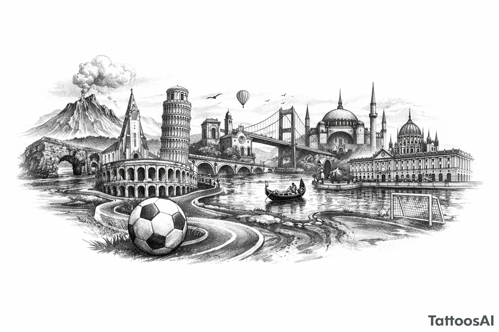 Iceland x3 (sindri, ibv, stjarnan) Italy x2 (Verona, Sassuolo) Spain (Logrono) Turkey x2 (Fenerbahce, Besiktas) Hungary (Fradi) France (Bordeaux) Something to do with football journey, surreal style to fit on arm forearm or inner bicep no crests just main attractions of each country tattoo idea