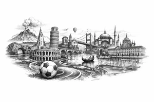 Iceland x3 (sindri, ibv, stjarnan) Italy x2 (Verona, Sassuolo) Spain (Logrono) Turkey x2 (Fenerbahce, Besiktas) Hungary (Fradi) France (Bordeaux) Something to do with football journey,  surreal style to fit on arm forearm or inner bicep no crests just main attractions of each country tattoo idea