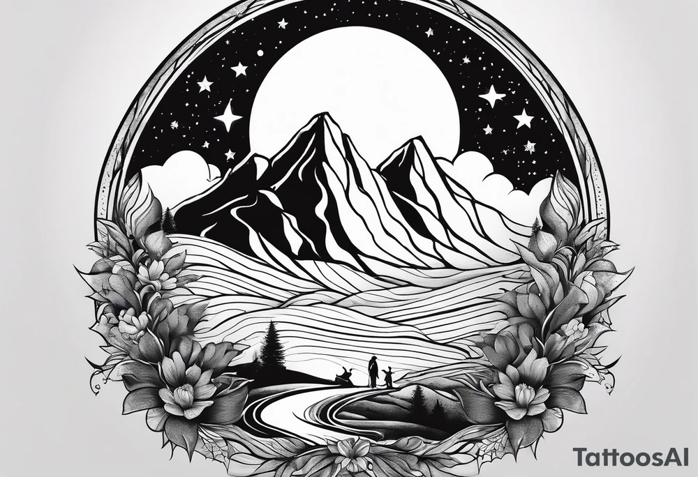 nature with mountains, waterfall, water, and a father and son in the background and and moon/sun in the sky with stars tattoo idea