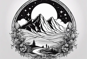 nature with mountains, waterfall, water, and a father and son in the background and and moon/sun in the sky with stars tattoo idea