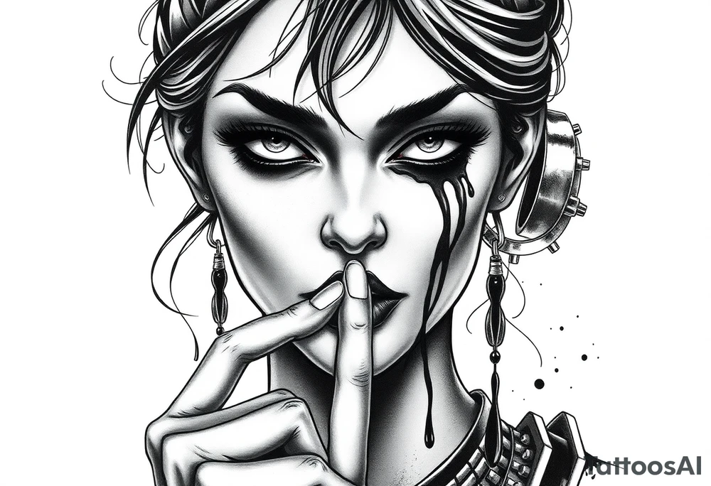 Black and grey realism tattoo design of a beautiful woman's face. Both her eyes wide shit closed  (see no evil), her left index finger is at her lips (speak no evil). Her ears are dripping blood that is steaming down her neck and cheek. Make the ears noticeablly bleed The style is black and grey realism, hyper-realistic, dark, and evil. Incorporate ninja gear elements and mechanical details (gears) subtly into the background or clothing for a gear ninja evil look. Design for a full forearm sleeve placement tattoo idea