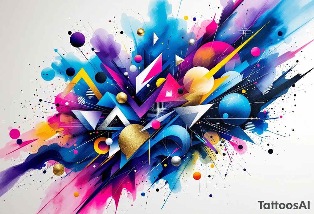 A vibrant abstract explosion of swirling geometric shapes, blending sharp lines with soft, fluid curves. The design incorporates overlapping triangles, circles, and fractured lines that move and twist together, creating a sense of chaos and harmony at the same time. Bold shades of electric blue, neon pink, and deep purple dominate the composition, with splashes of golden yellow and metallic silver adding contrast. The tattoo has a dynamic flow that seems to extend and shift across the skin, with geometric patterns fading into soft watercolor splashes, creating a dreamlike, surreal effect. The use of gradients from bright neon hues to darker shadows evokes energy, transformation, and depth, almost as if the tattoo is alive and evolving. The edges of the design feel as if they are breaking free from the skin, with abstract lines spilling out like an energetic burst of creative expression. tattoo idea