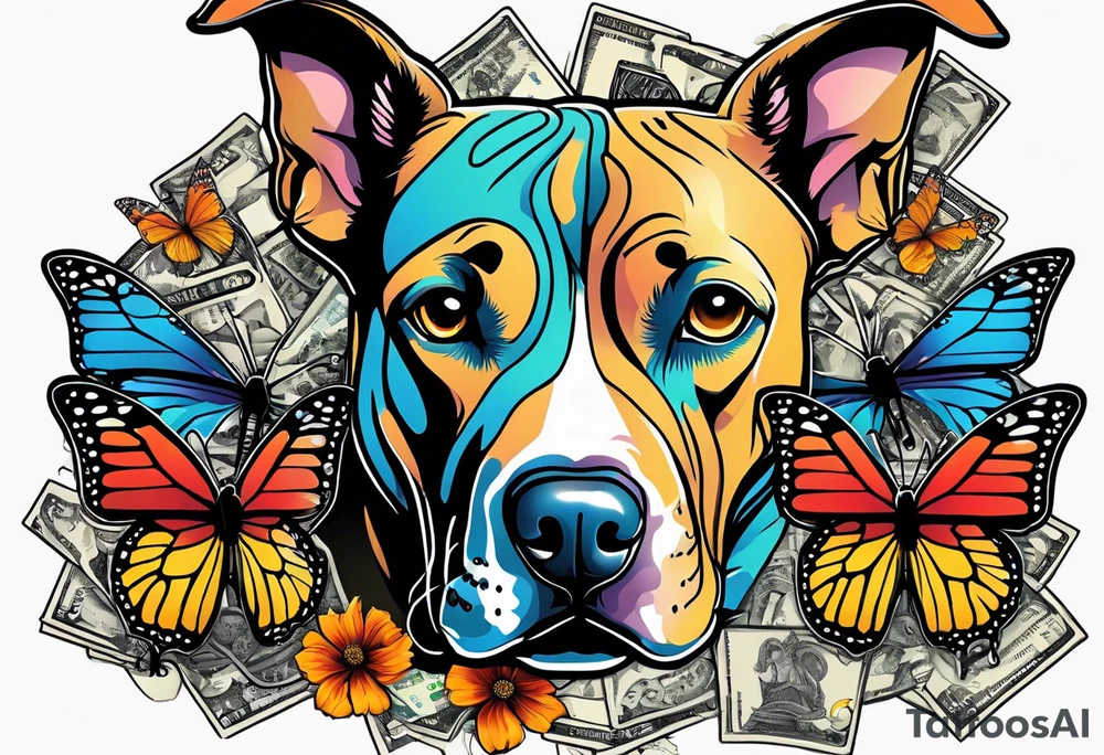 american staffordshire with a butterfly, with pills, drugs, euro bank notes and currency, vbank cheques, police, walkietalkies tattoo idea