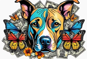 american staffordshire with a butterfly, with pills, drugs, euro bank notes and currency, vbank cheques, police, walkietalkies tattoo idea