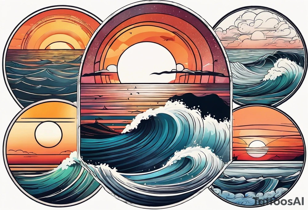 Circle shape, inside sunset and ocean drawing with retro look tattoo idea