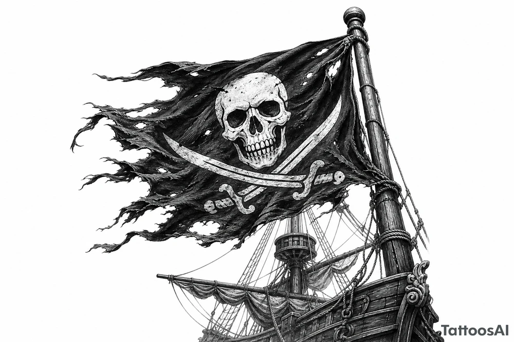 Tattered Jolly Roger flag whipping in the wind above a pirate ship. tattoo idea