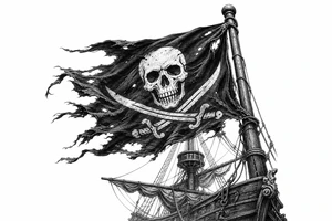 Tattered Jolly Roger flag whipping in the wind above a pirate ship. tattoo idea