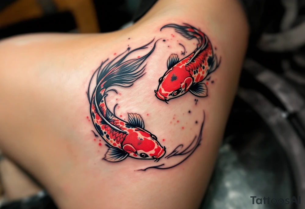 Two red and black koi fish swimming in a circle, the first tattoo larger on the calf, and the second smaller on the ankle. tattoo idea