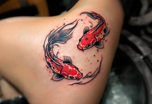 Two red and black koi fish swimming in a circle, the first tattoo larger on the calf, and the second smaller on the ankle. tattoo idea
