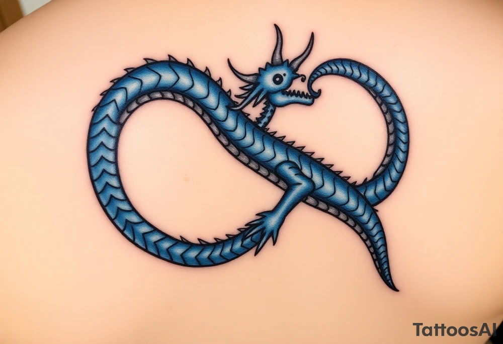 The design features a dragon, coiled in the shape of the infinity symbol (sideways number "8"). The dragon is depicted eating its own tail, symbolizing eternity and continuity, inspired by the Ouroboros.

Details:

The dragon's body has vibrant, glossy blue scales, with a smooth and polished texture.
It maintains a clean, balanced shape in the infinity figure, with sharp details and elegant flow.
Style:

The focus remains on the dragon's form, with no additional background elements to keep the design minimal and modern. tattoo idea