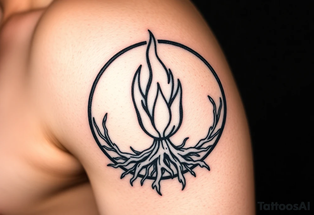 flame in a blooming roots circle tattoo idea