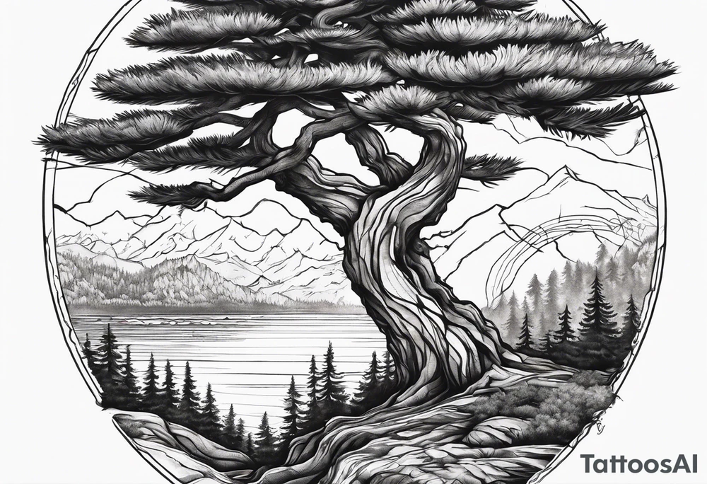 Pine tree conected with reflecting junpier tree tattoo idea