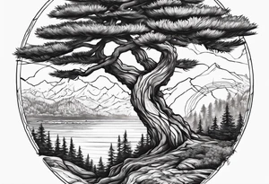 Pine tree conected with reflecting junpier tree tattoo idea