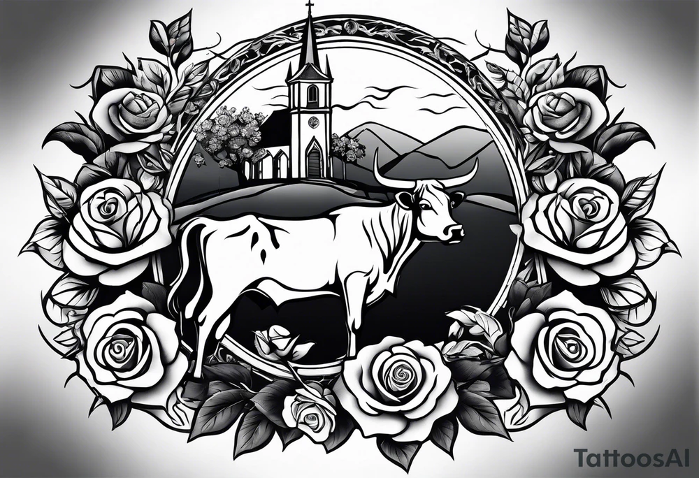 Tattoo thigh peice with Roses and flowers With nursing and hunting and cows and bulls and fishing and love and church. tattoo idea