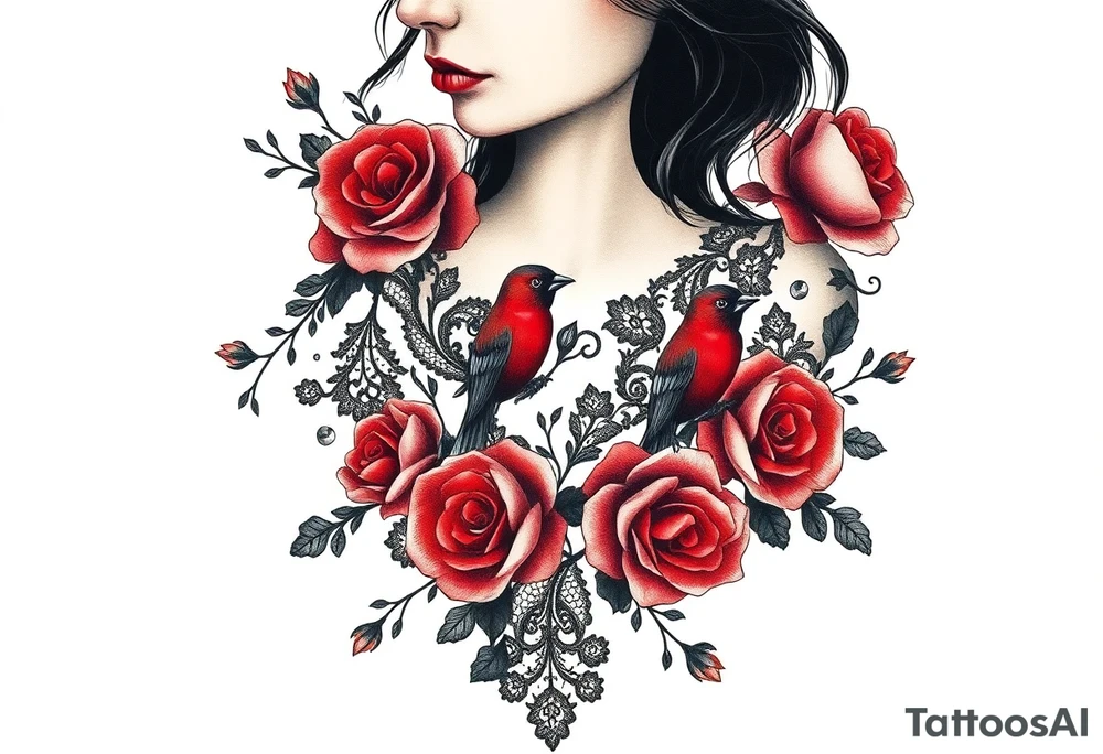 Vintage black lace, red roses, red birds, vintage, wrap around, tighter together, no space open tattoo idea