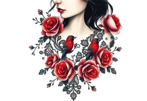 Vintage black lace, red roses, red birds, vintage, wrap around, tighter together, no space open tattoo idea