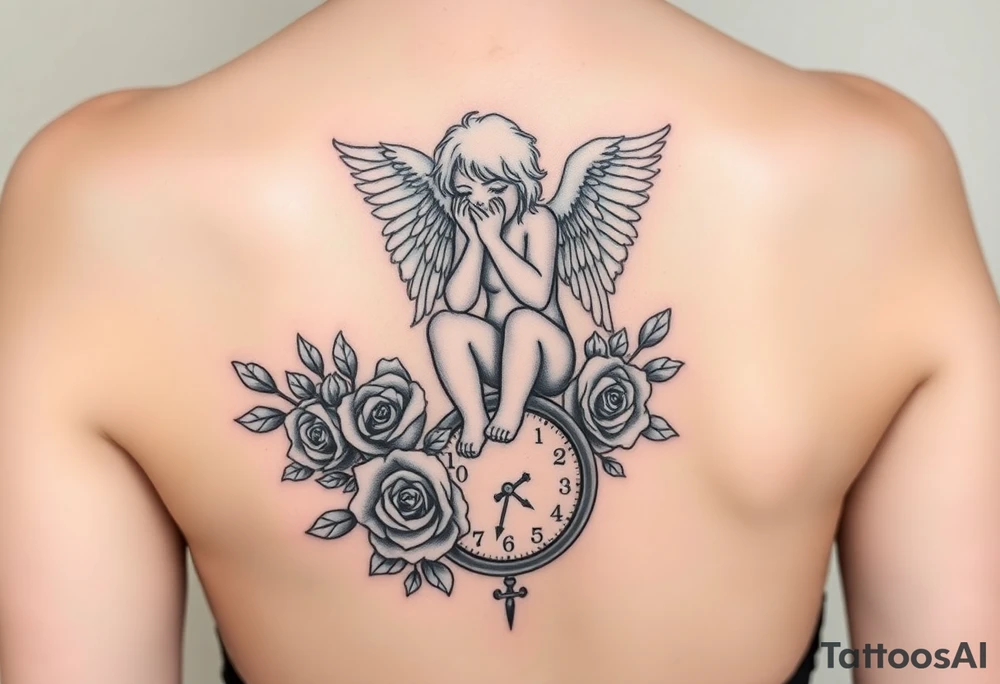 Crying angel handcuffed sitting on clock sorrouded by roses tattoo idea