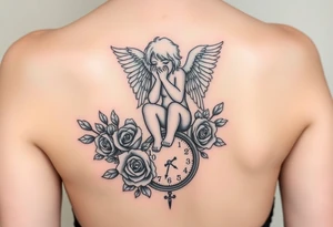 Crying angel handcuffed sitting on clock sorrouded by roses tattoo idea