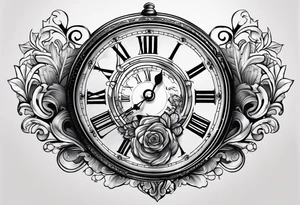 Pocket clock with the time 5:25 on. Underneath a scroll with 04/09/2014 tattoo idea