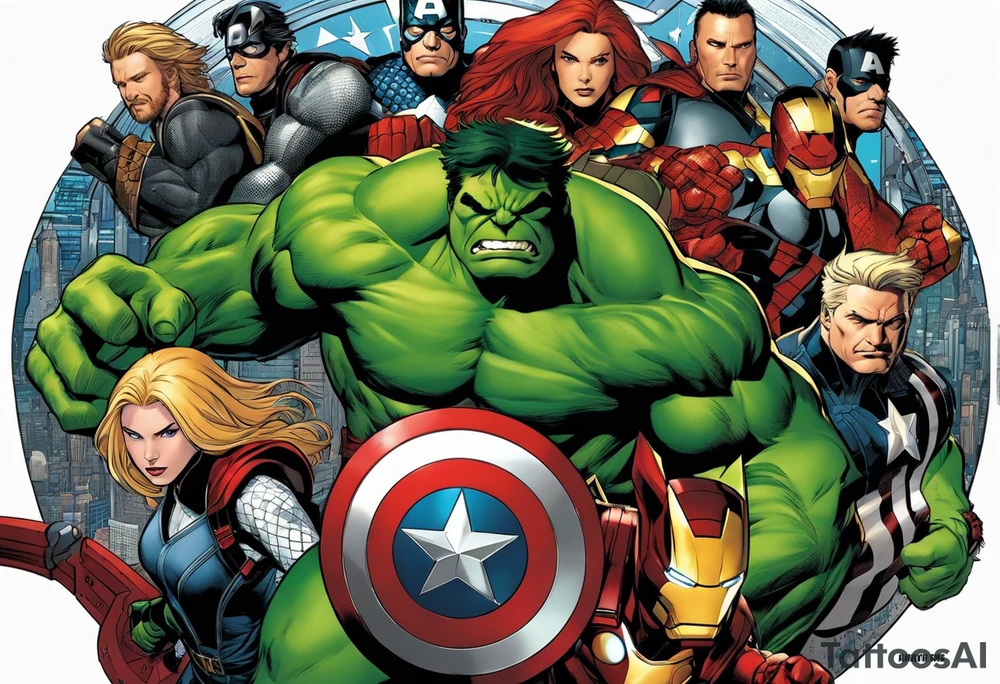 I want to change Avengers Team characters with animals. Hulk will be represented by a Badger.
Thor will be depicted as an Alpha Grey Wolf.
Captain America will be symbolized by a Bull.
Iron Man's character will be embodied by a Canary.
Black Widow's role will be portrayed by an Axolotl.
Hawkeye will be depicted as a Sudan Plated Lizard.
Nick Fury will be represented by a Cat. tattoo idea