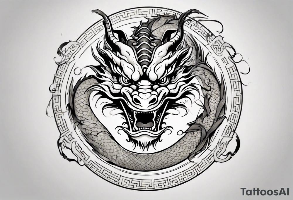 Chinese dragon in a circular shape with "02.03" written on its skin tattoo idea