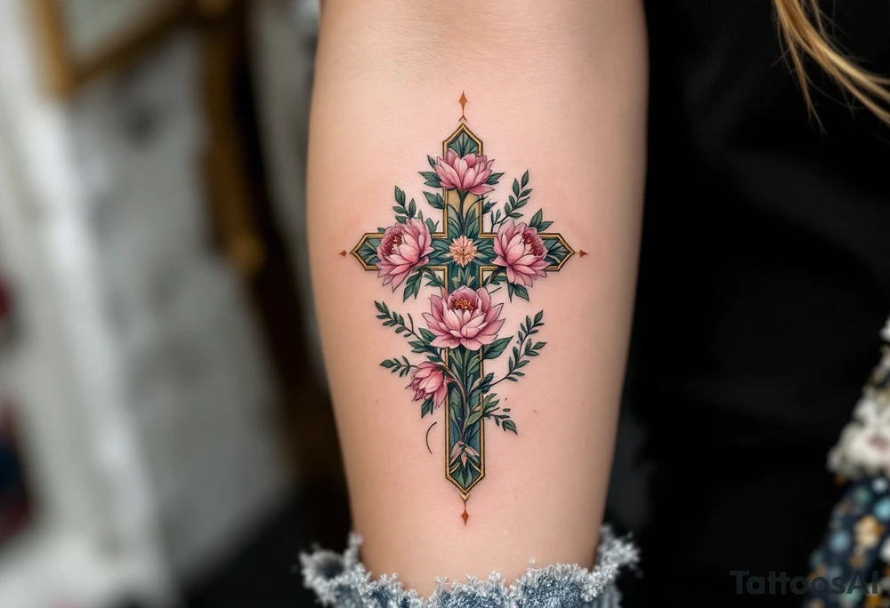 Lada's Symbol — A symmetrical floral cross in soft rose pink and leafy green, resembling a blooming peony, surrounded by a golden halo of light accompanied by a person of Lada the goddess. tattoo idea